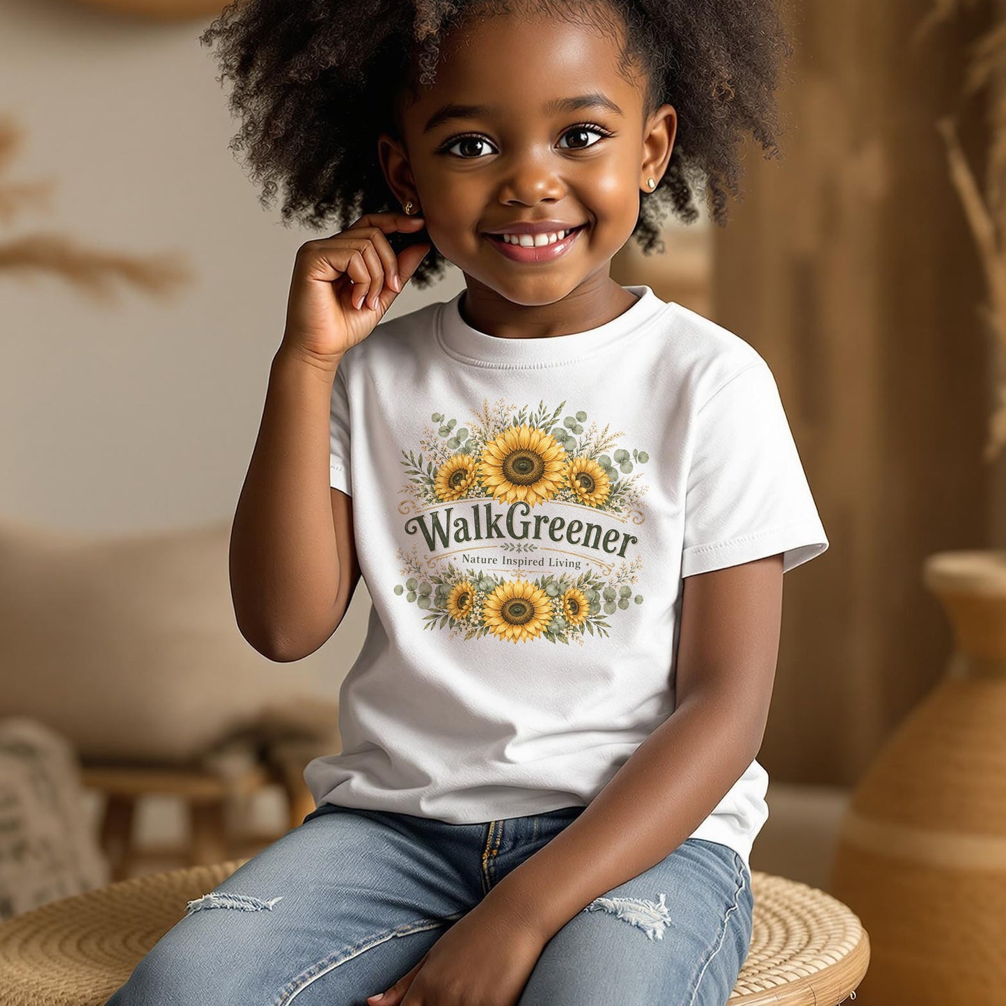 Child wearing white t-shirt with "WalkGreener Nature Inspired Living" and sunflowers.