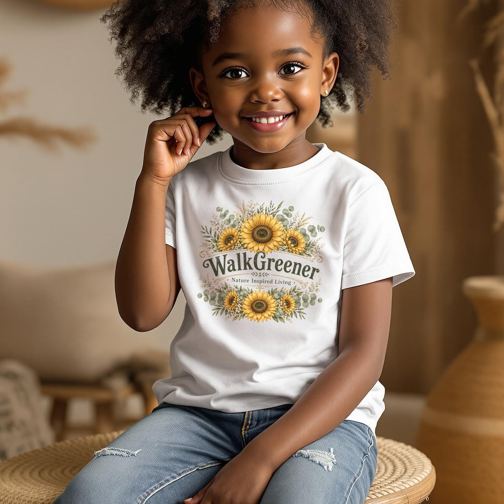 Child wearing white t-shirt with "WalkGreener Nature Inspired Living" and sunflowers.