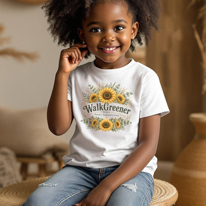 Child wearing white t-shirt with "WalkGreener Nature Inspired Living" and sunflowers.