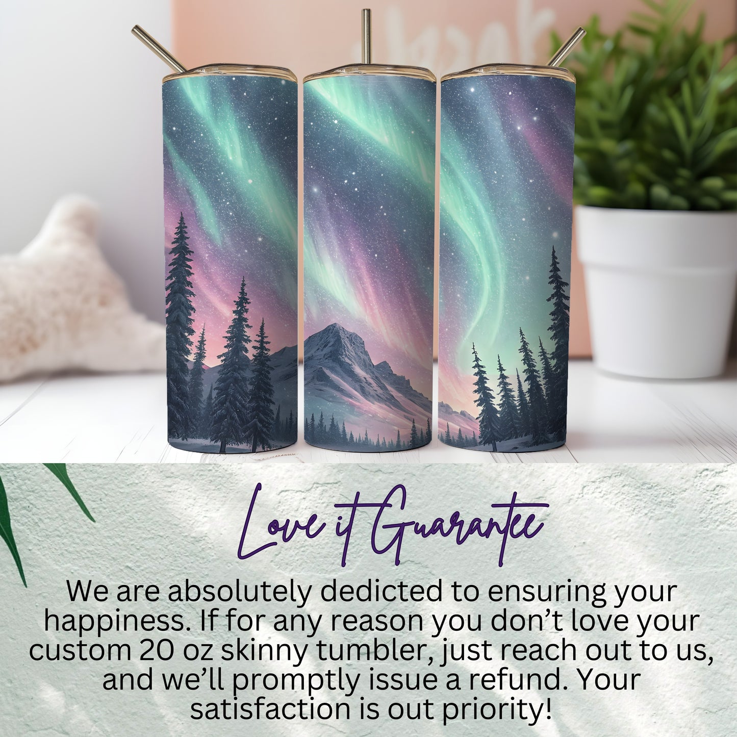 Northern Lights and Mountain Scene Skinny Tumbler