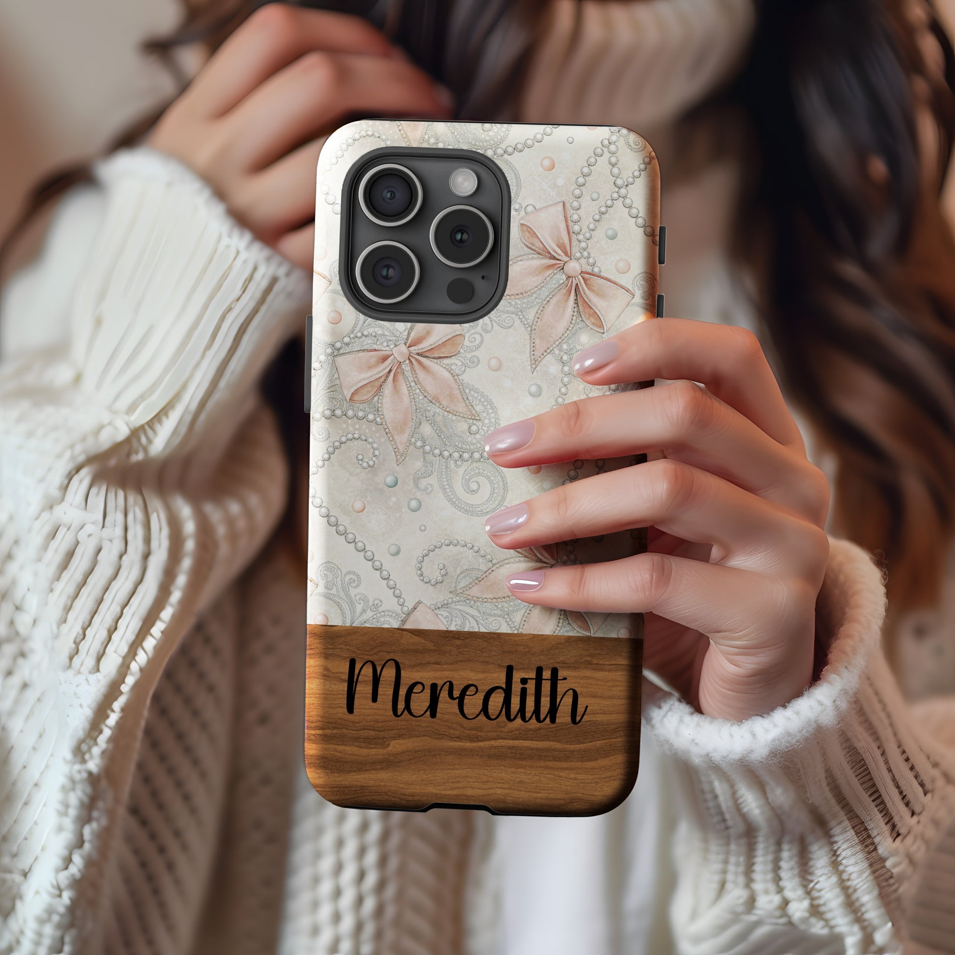 Personalized Bow and Pearl Design Phone Case with Name