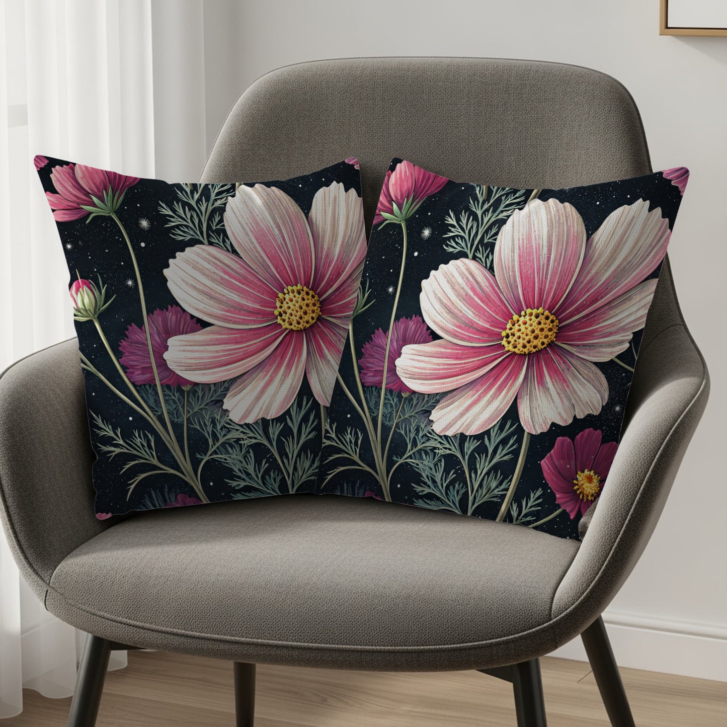 Cosmos Floral Pattern Pink White on Dark Backdrop Decorative Floral Throw Pillows - Walk Greener