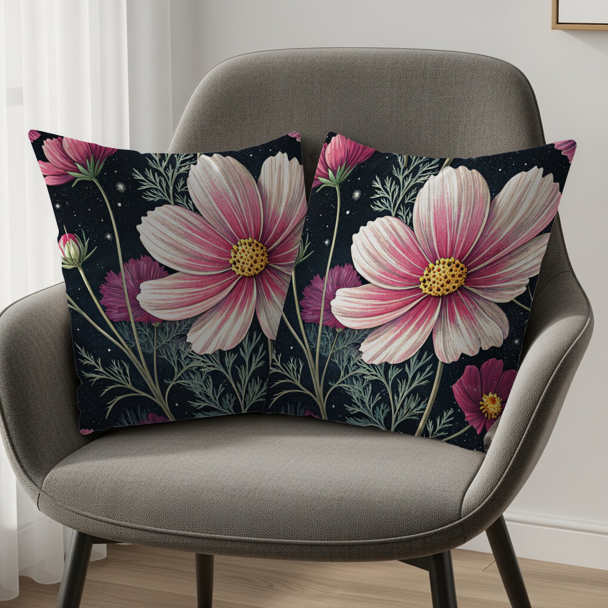Cosmos Floral Pattern Pink White on Dark Backdrop Decorative Floral Throw Pillows - Walk Greener