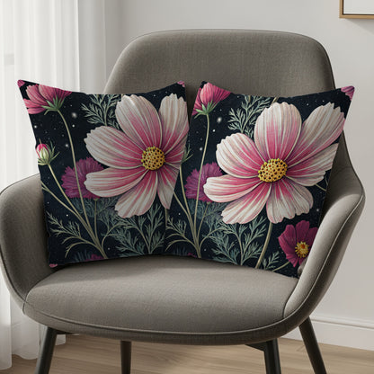 Cosmos Floral Pattern Pink White on Dark Backdrop Decorative Floral Throw Pillows - Walk Greener