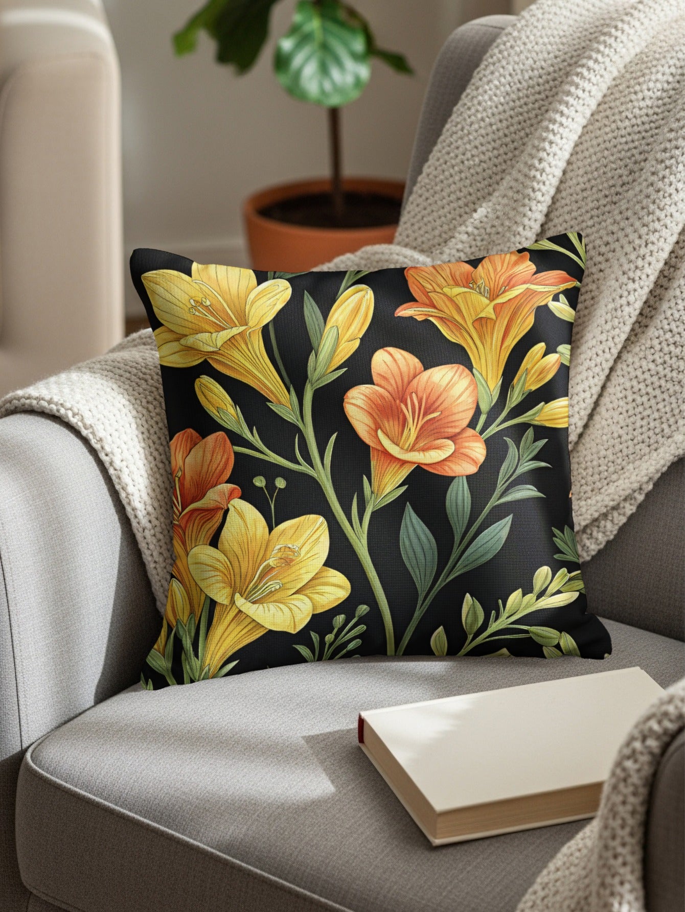 Yellow And Orange Floral Pattern On Dark Backdrop Decorative Floral Throw Pillows - Walk Greener