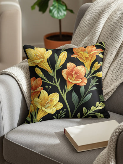 Yellow And Orange Floral Pattern On Dark Backdrop Decorative Floral Throw Pillows - Walk Greener