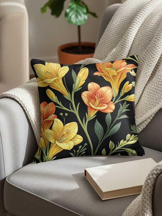 Yellow And Orange Floral Pattern On Dark Backdrop Decorative Floral Throw Pillows - Walk Greener