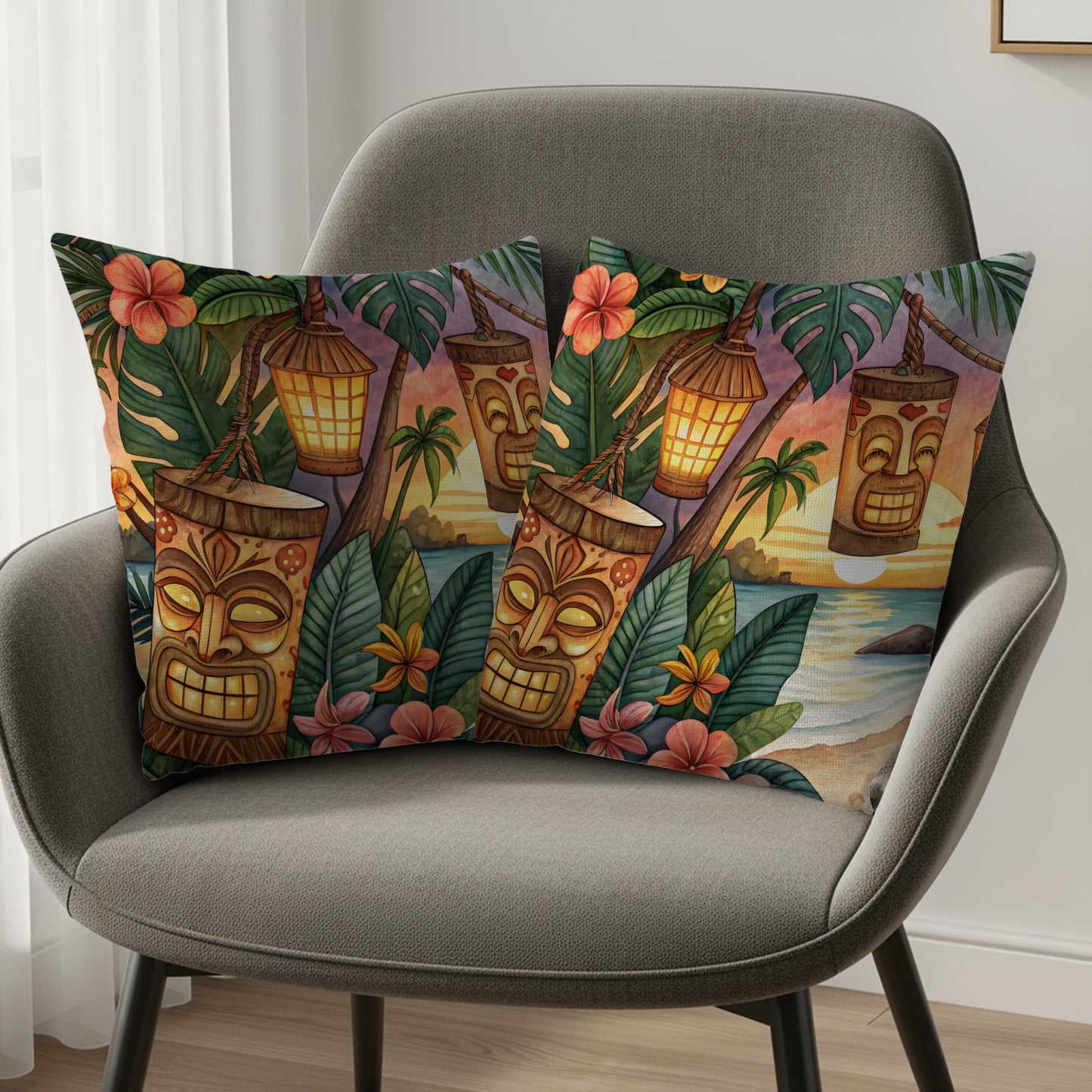Tropical Tiki Lanterns and Floral Pillow Covers