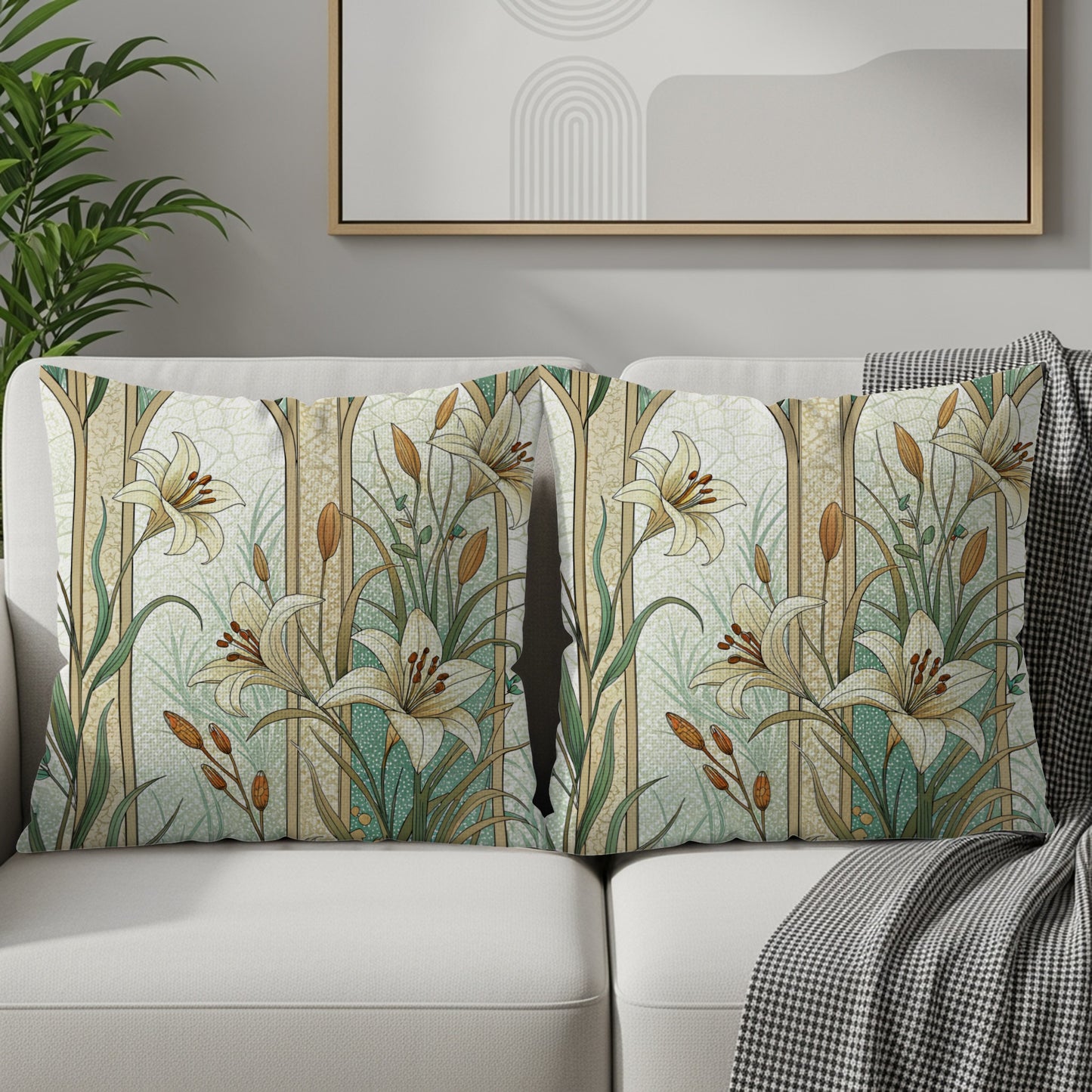 Floral Beauty Lilies Within Arches on Light Green Throw Pillows - Walk Greener