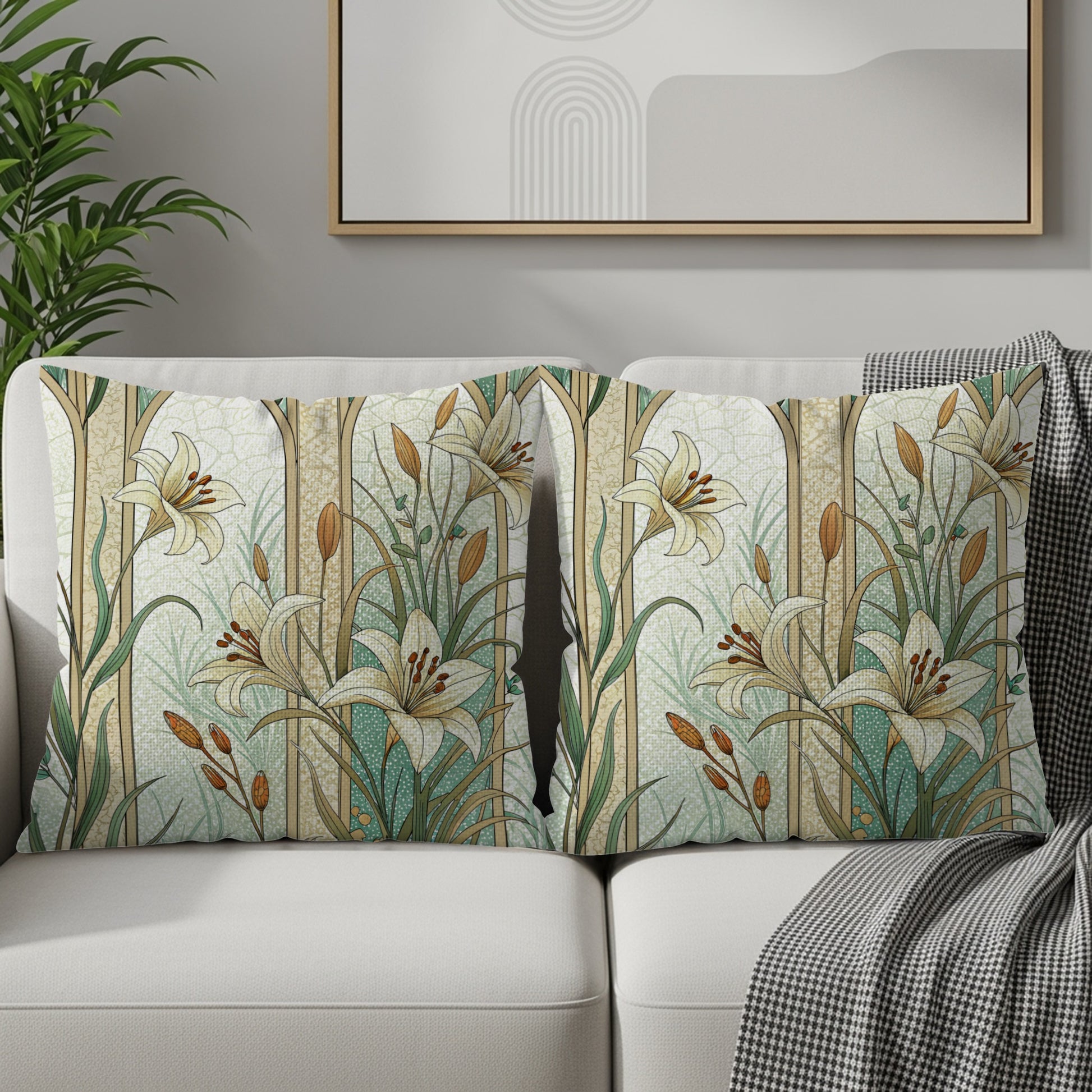 Floral Beauty Lilies Within Arches on Light Green Throw Pillows - Walk Greener