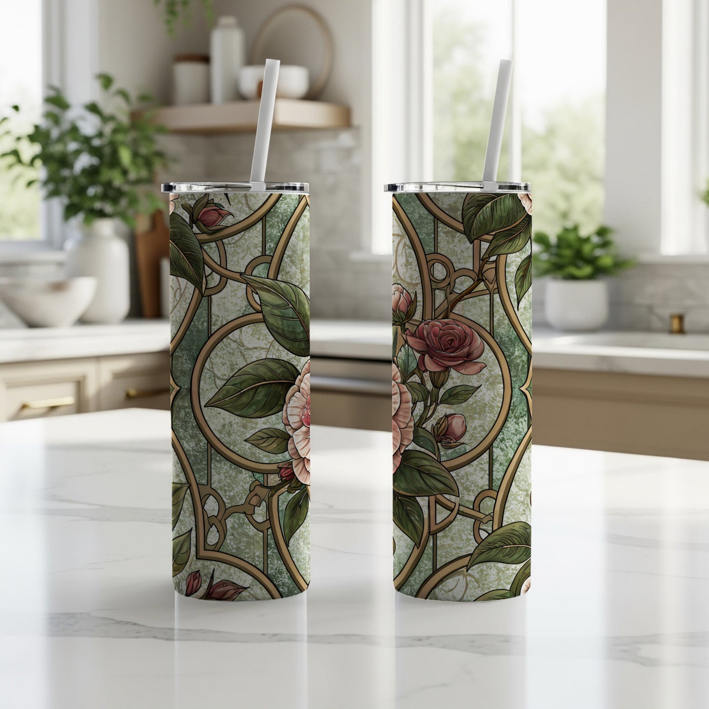 Ornate Floral Pattern In Stained Glass Style 20 oz Skinny Tumbler - Walk Greener