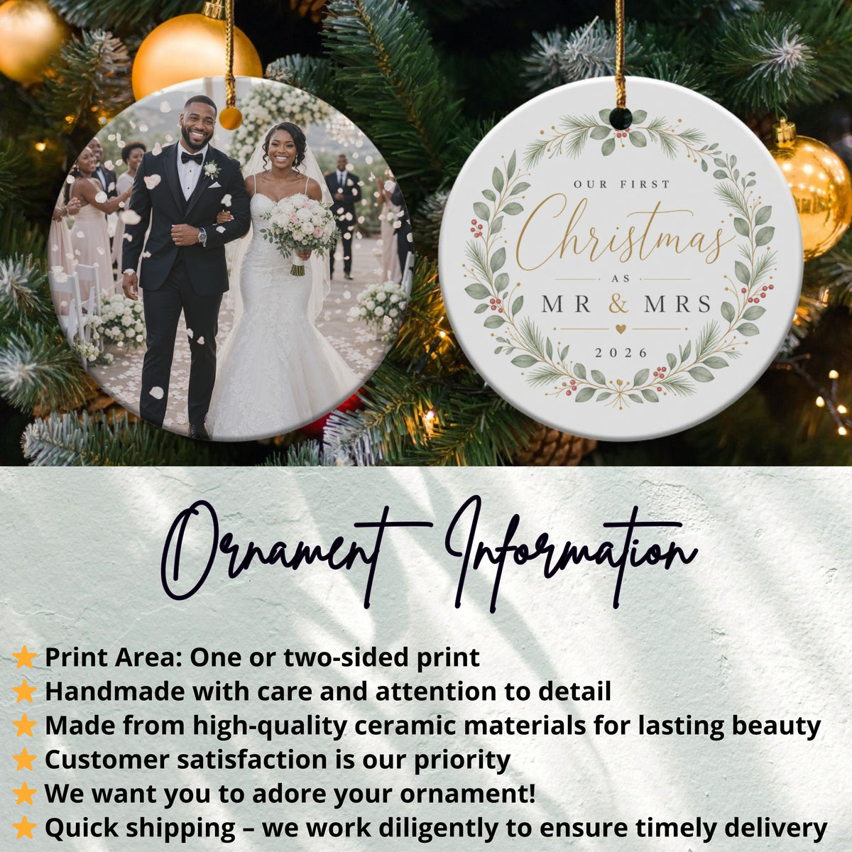 Wedding photo ornament with "Our First Christmas as Mr & Mrs 2026" text.