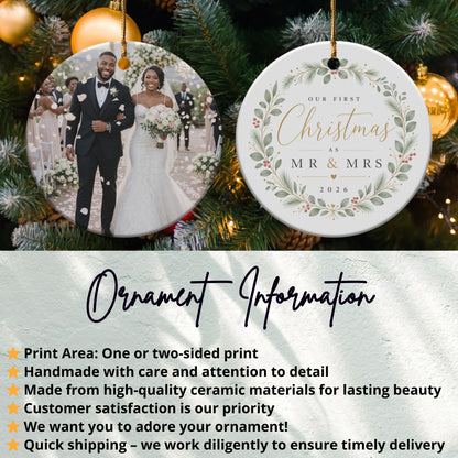 Wedding photo ornament with "Our First Christmas as Mr & Mrs 2026" text.