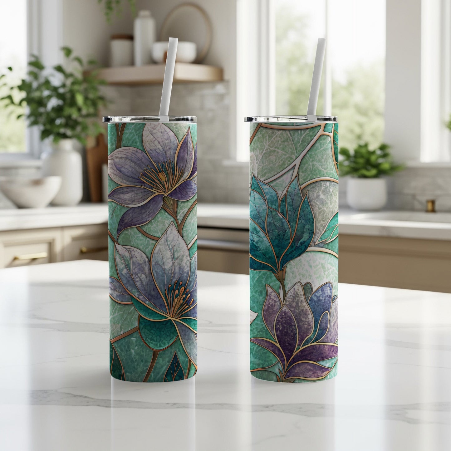 Floral Stained Glass Design Beautiful Flowers Style Art 20 oz Skinny Tumbler - Walk Greener