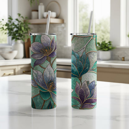 Floral Stained Glass Design Beautiful Flowers Style Art 20 oz Skinny Tumbler - Walk Greener