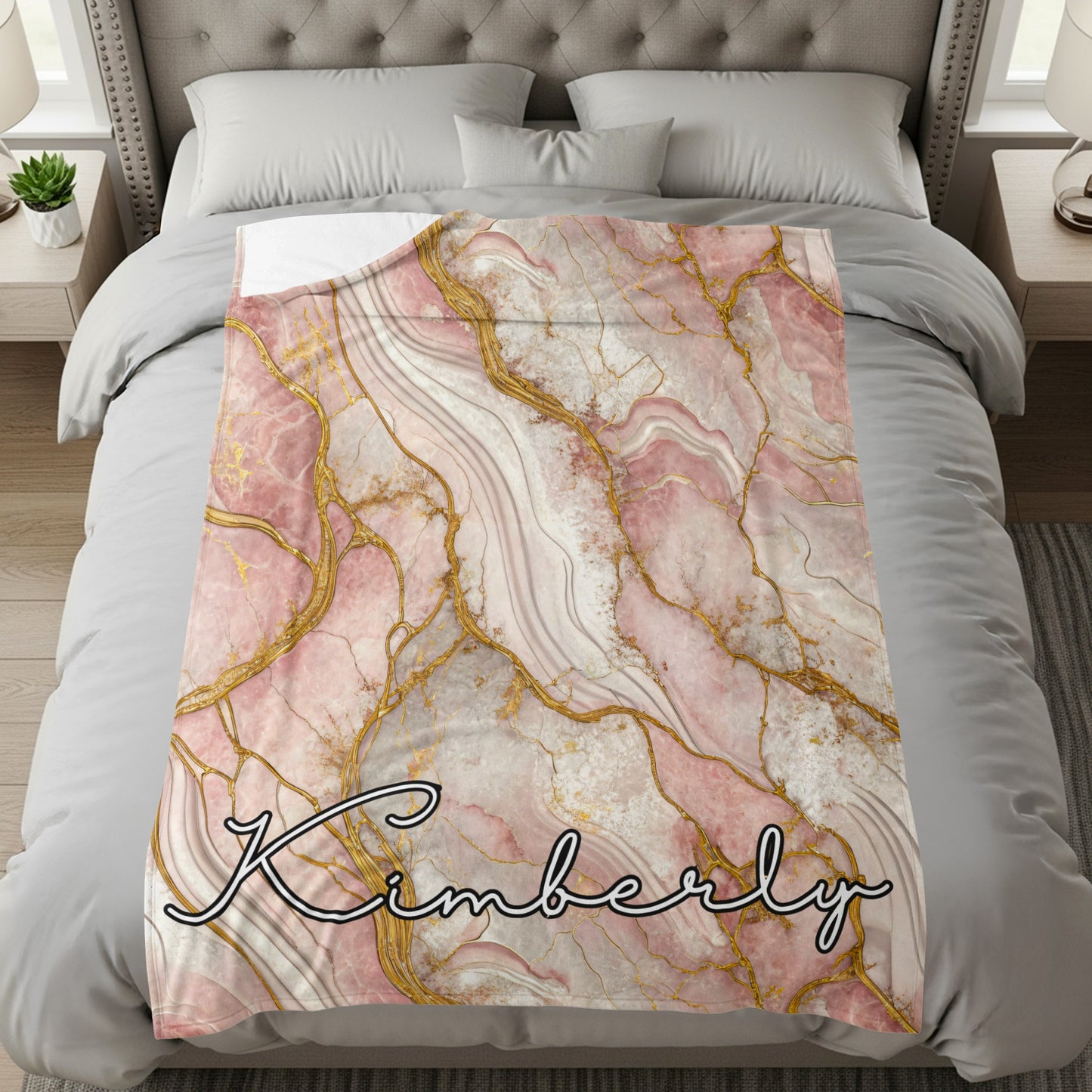 Pink Gold Marble Effect Custom Name Blanket Personalized - Walk Greener