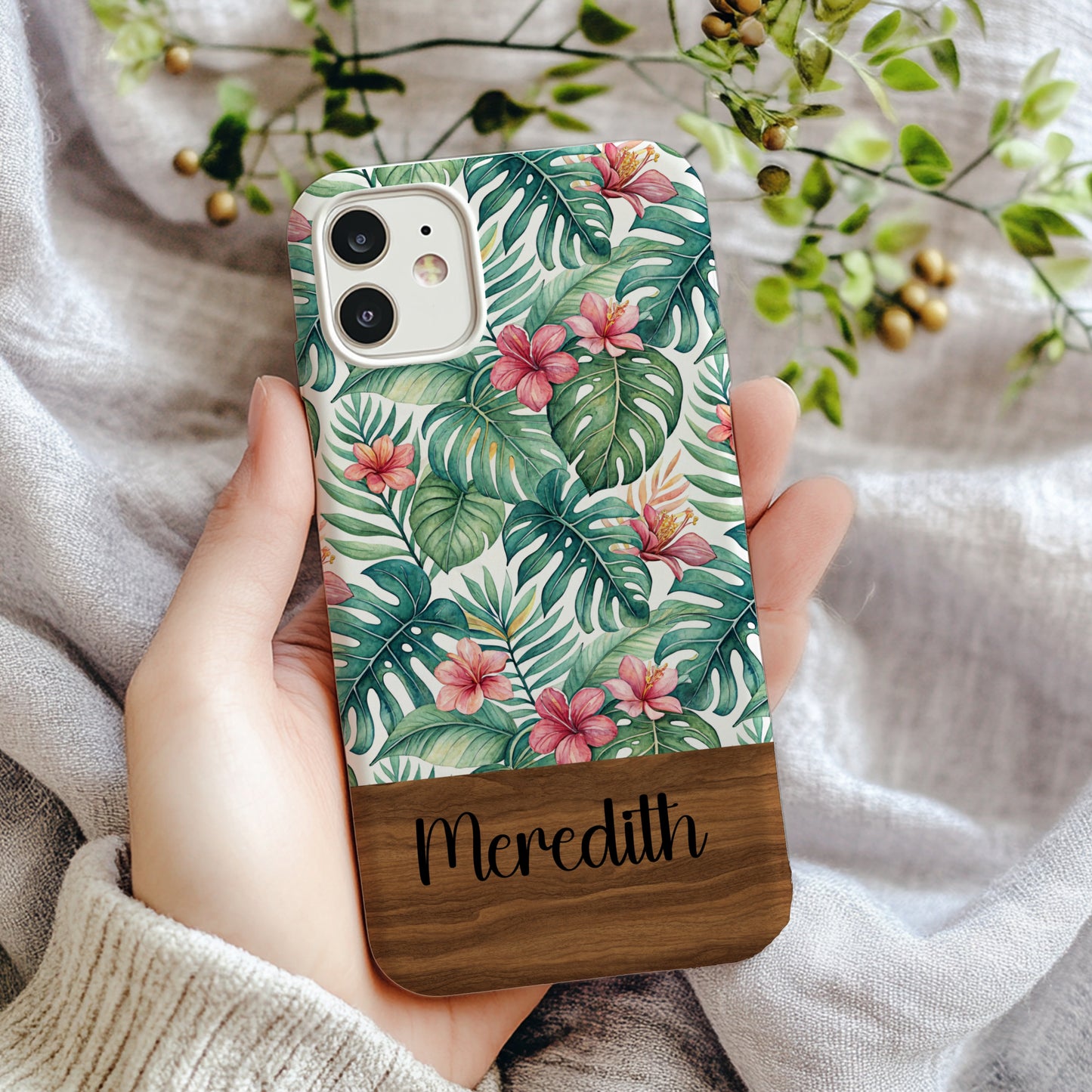 Custom Tropical Leaf and Flower Phone Case with Name