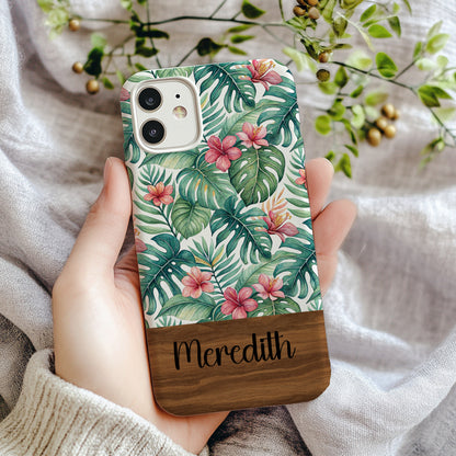 Custom Tropical Leaf and Flower Phone Case with Name