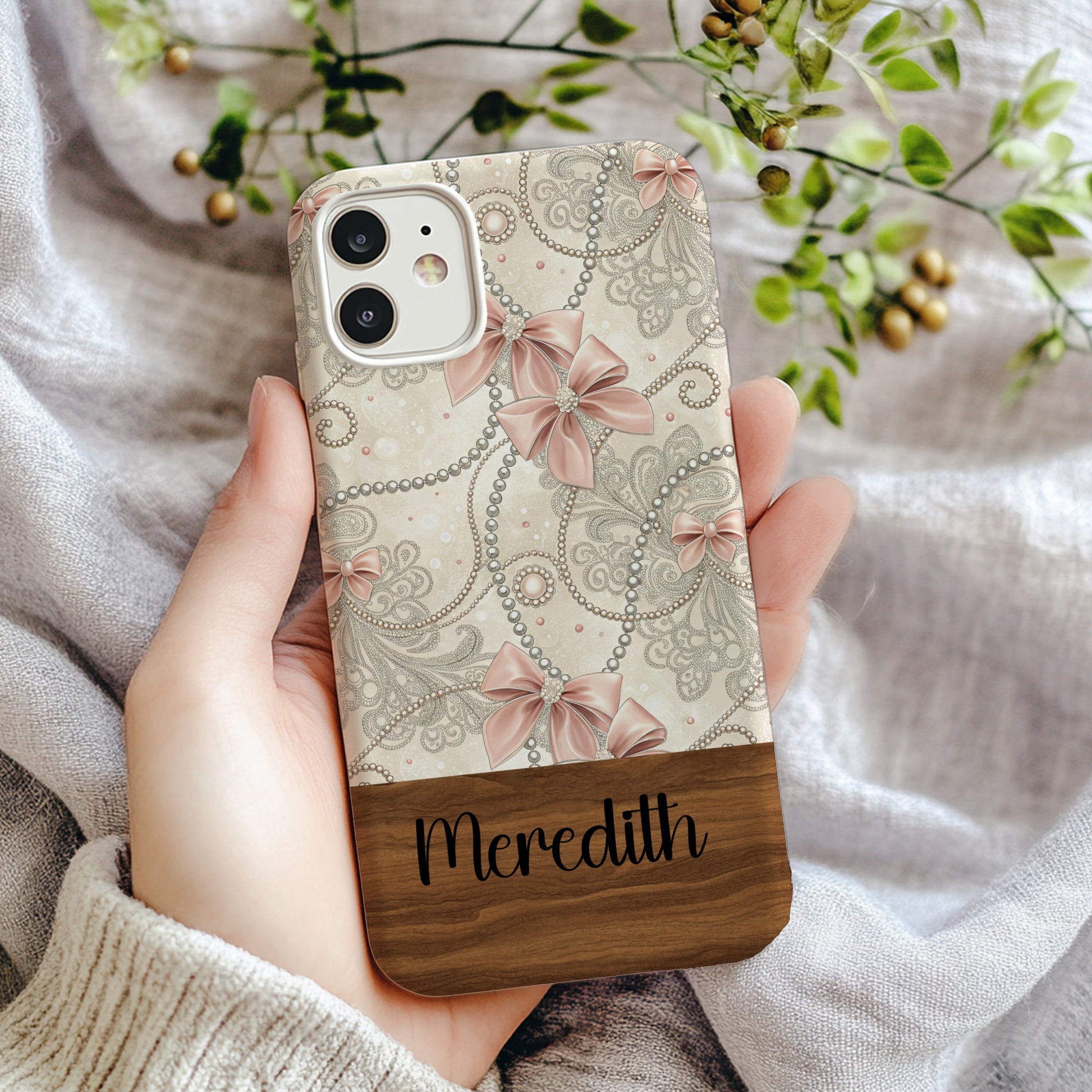 Personalized Pink Bow and Pearl Design Phone Case