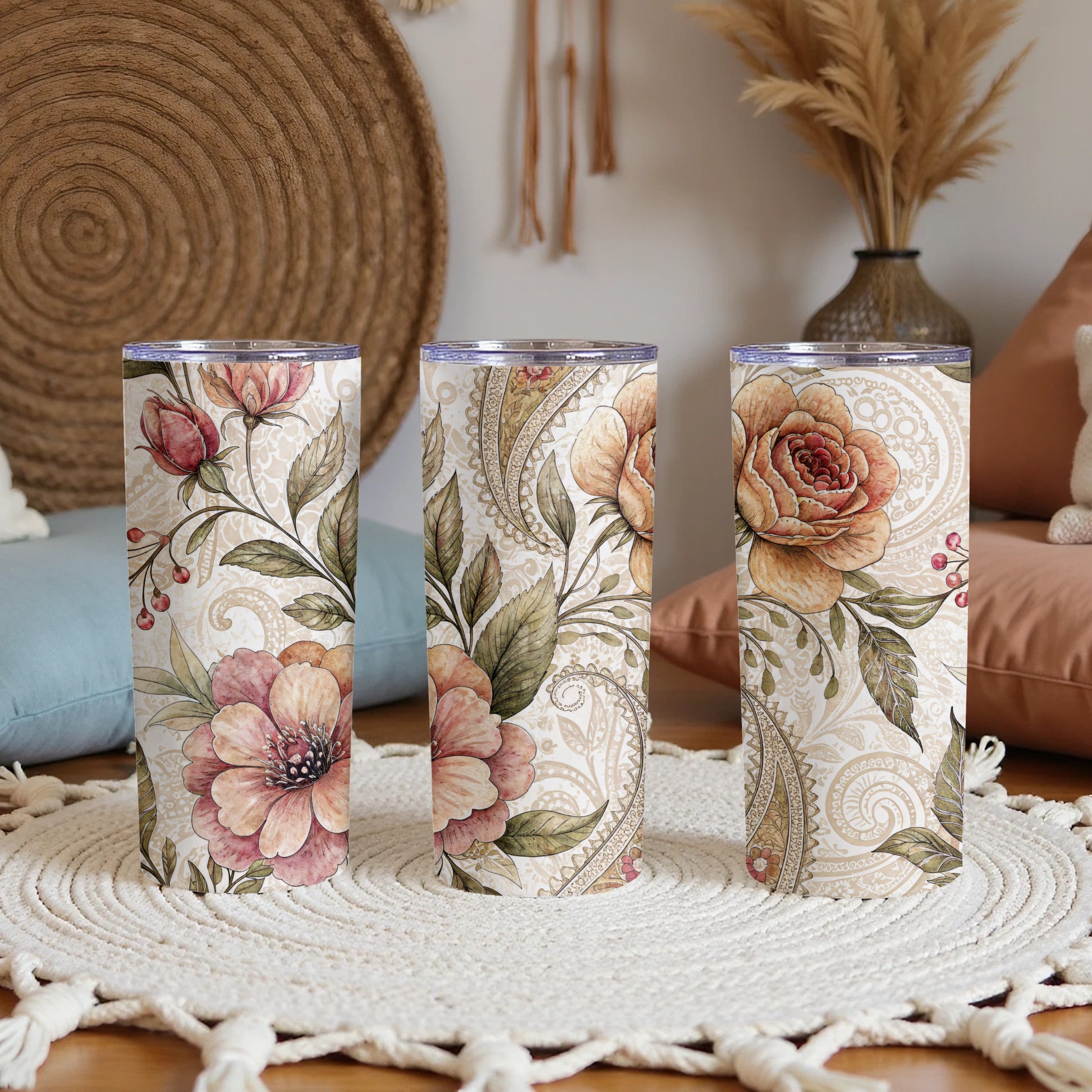 Elegant Floral Artwork Design for 20 oz Skinny Tumbler - Walk Greener