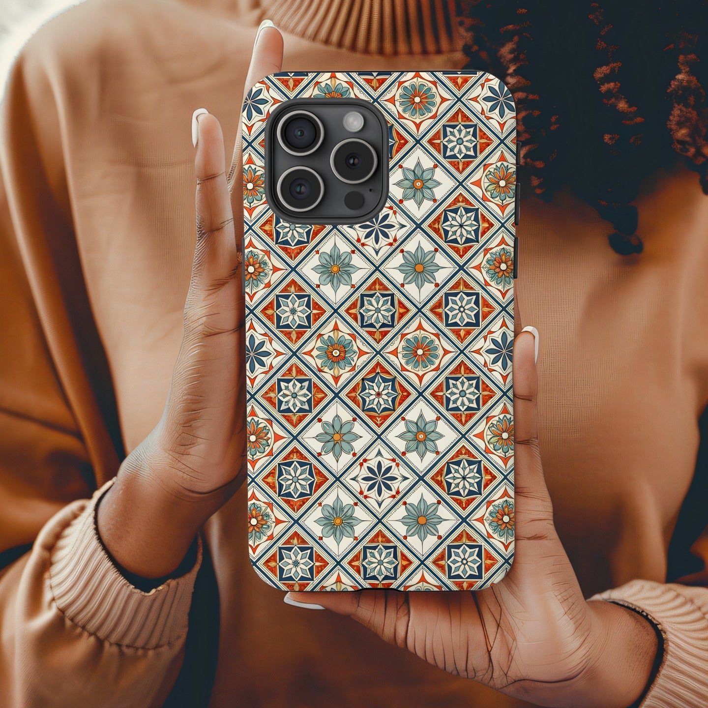 Ornate Floral Pattern In Squares With Custom Name Phone Case - Walk Greener