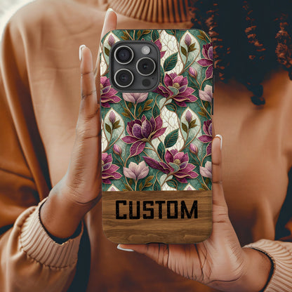 Custom Floral Design Phone Case with Wood Accent