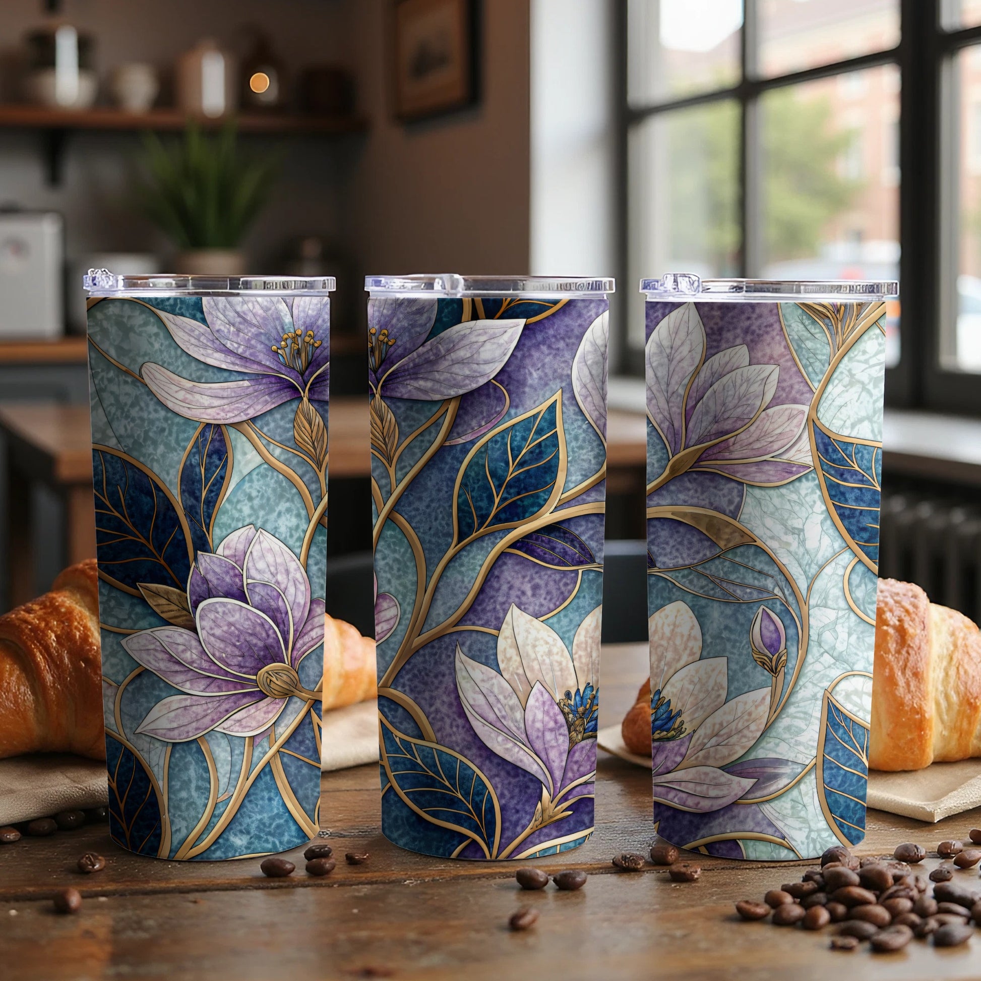 Elegant Magnolia Floral Design Gold Vein on Tumbler - Walk Greener
