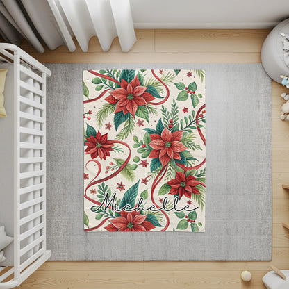 Floral Festive Poinsettia Customized Name Rug