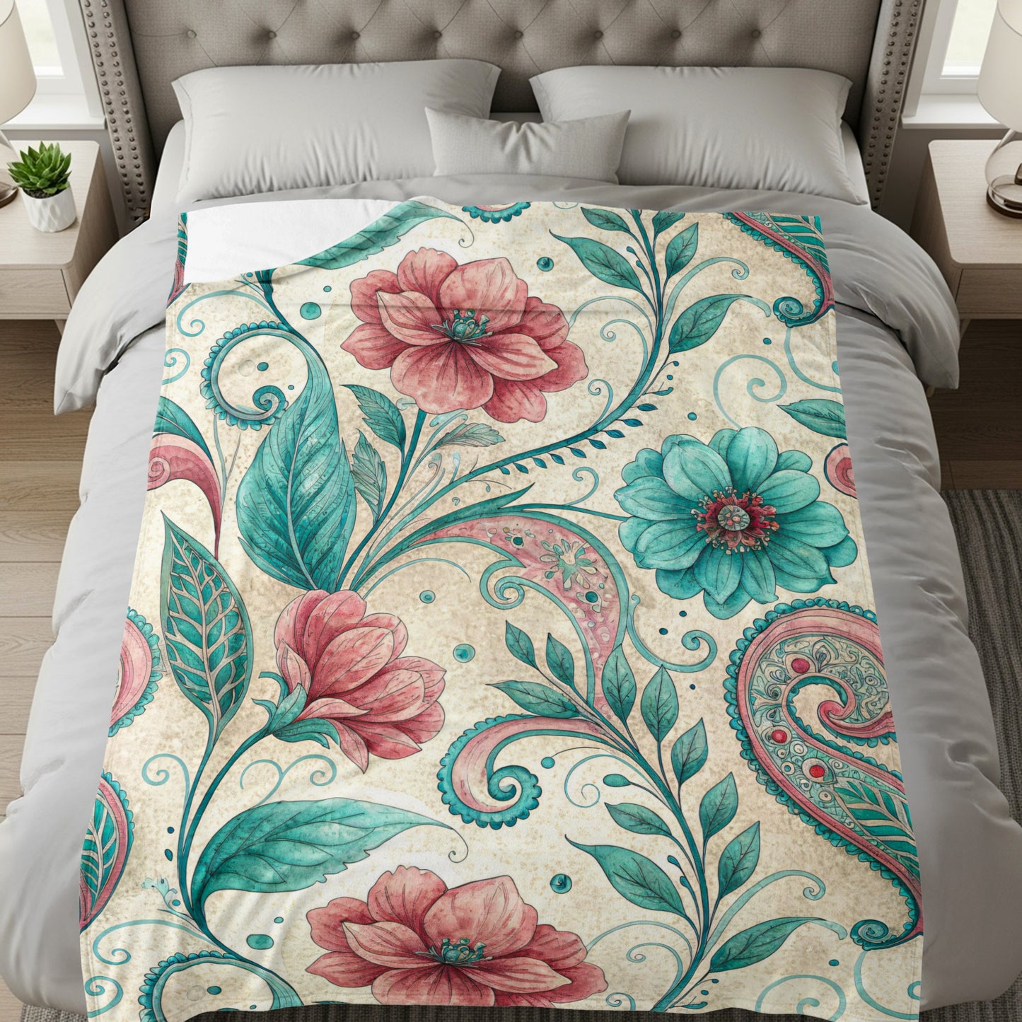 Floral Paisleys in Pink and Teal Watercolor Style Art - Walk Greener