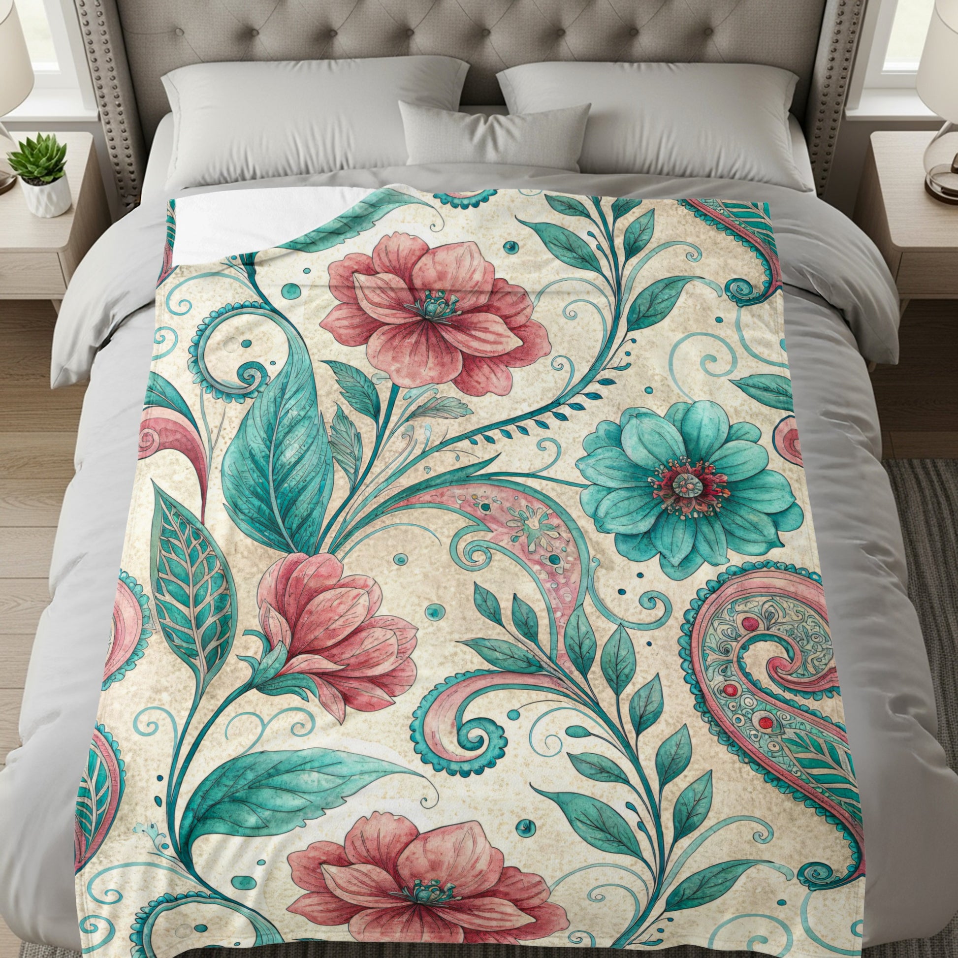 Floral Paisleys in Pink and Teal Watercolor Style Art - Walk Greener