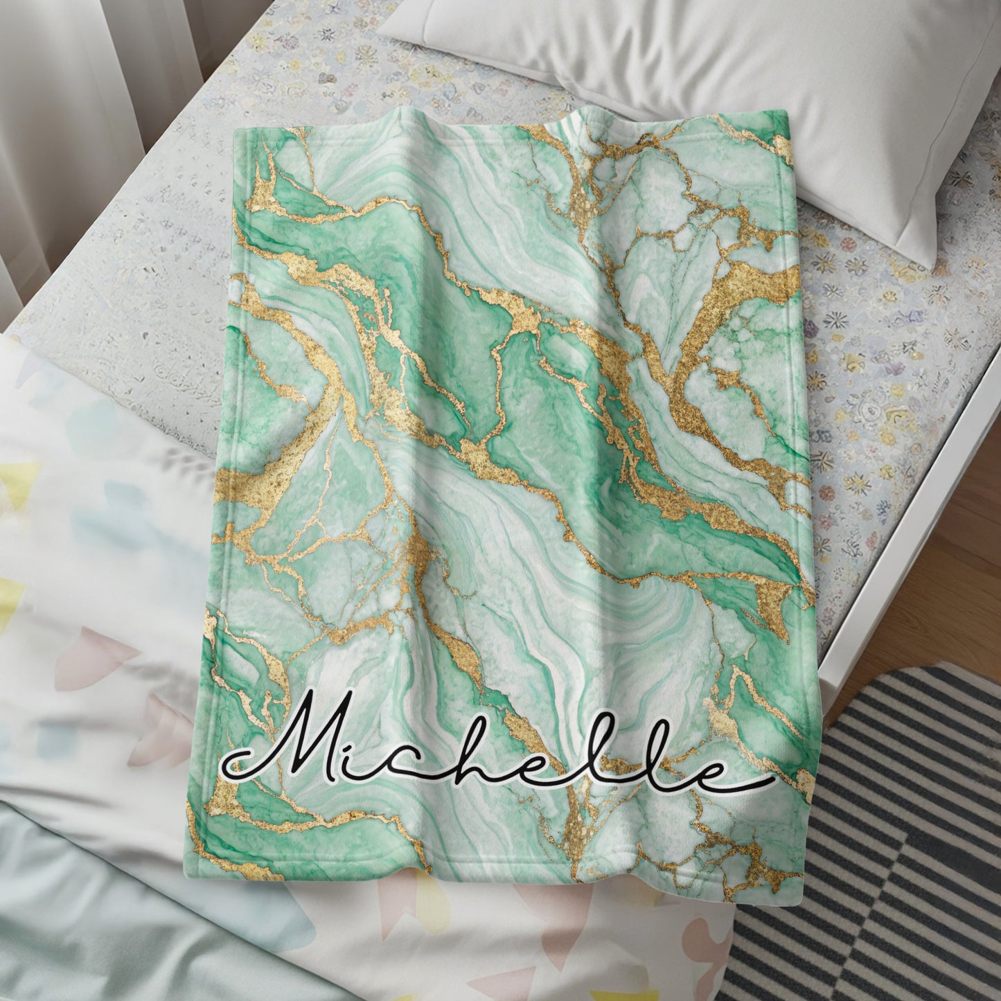 Personalized Green Marble Design with Gold Details Blanket