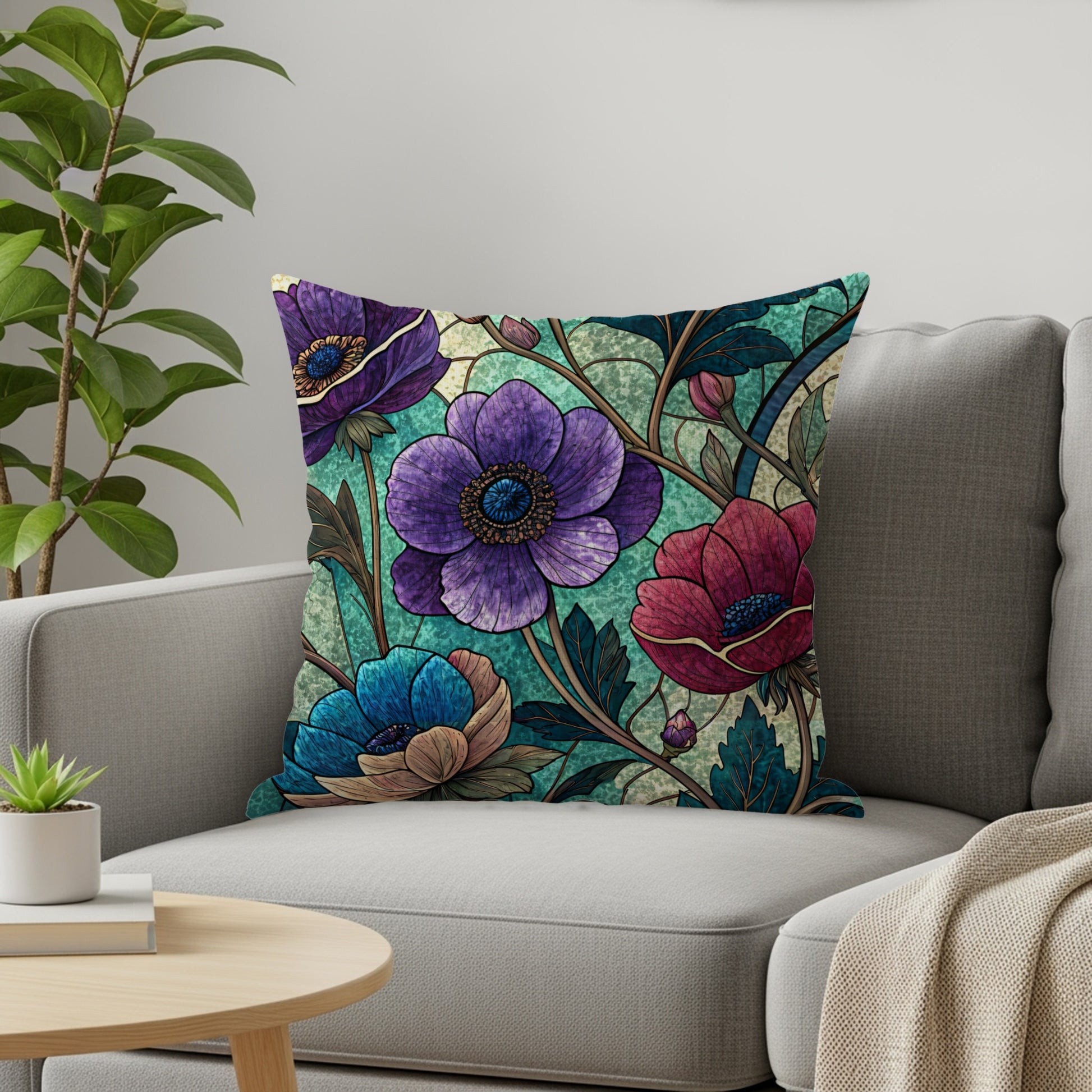 Floral Stained Glass Pattern Colorful Flower Throw Pillows - Walk Greener