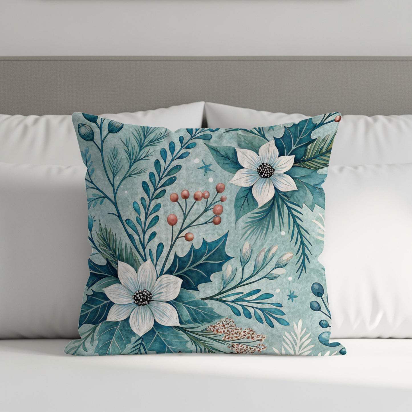 Festive Winter Floral Pattern Decorative Pillow Cover