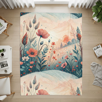 Floral Meadow in Watercolor Style Art Print Velveteen Plush Blankets - Walk Greener