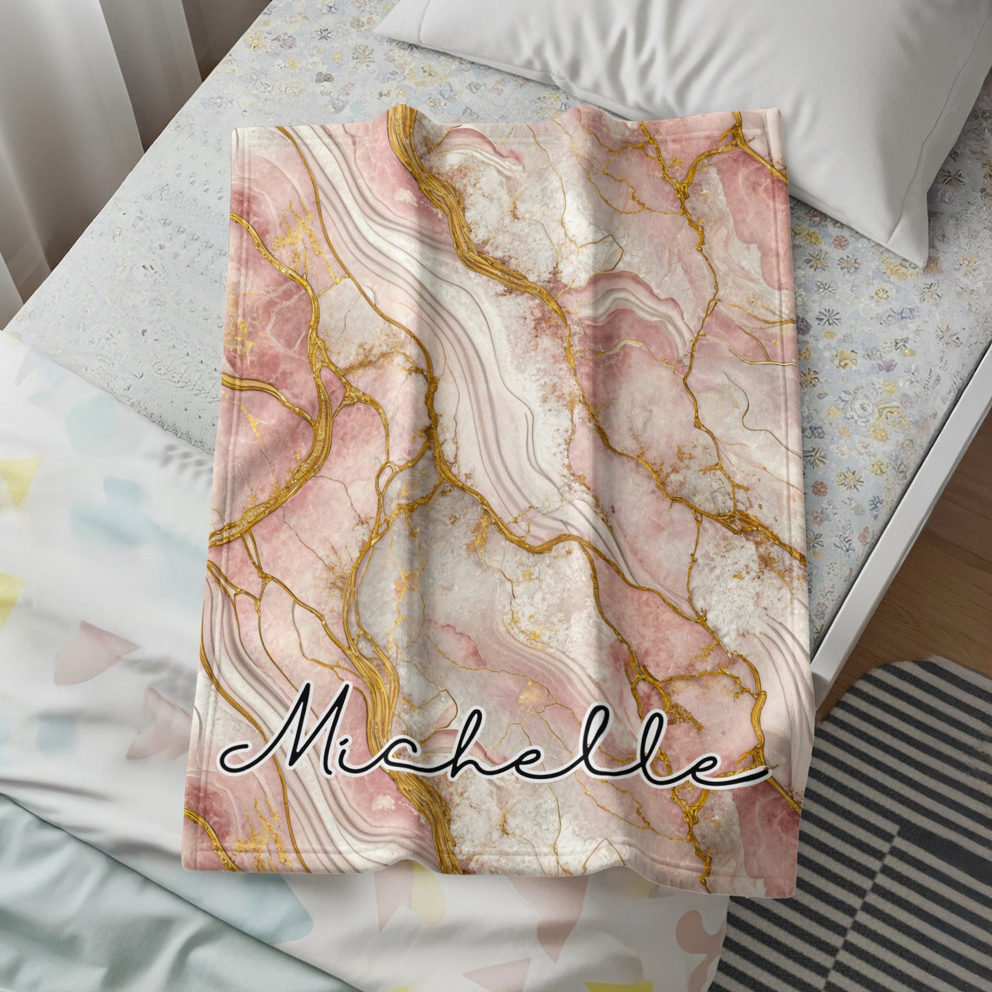 Pink Gold Marble Effect Custom Name Blanket Personalized - Walk Greener