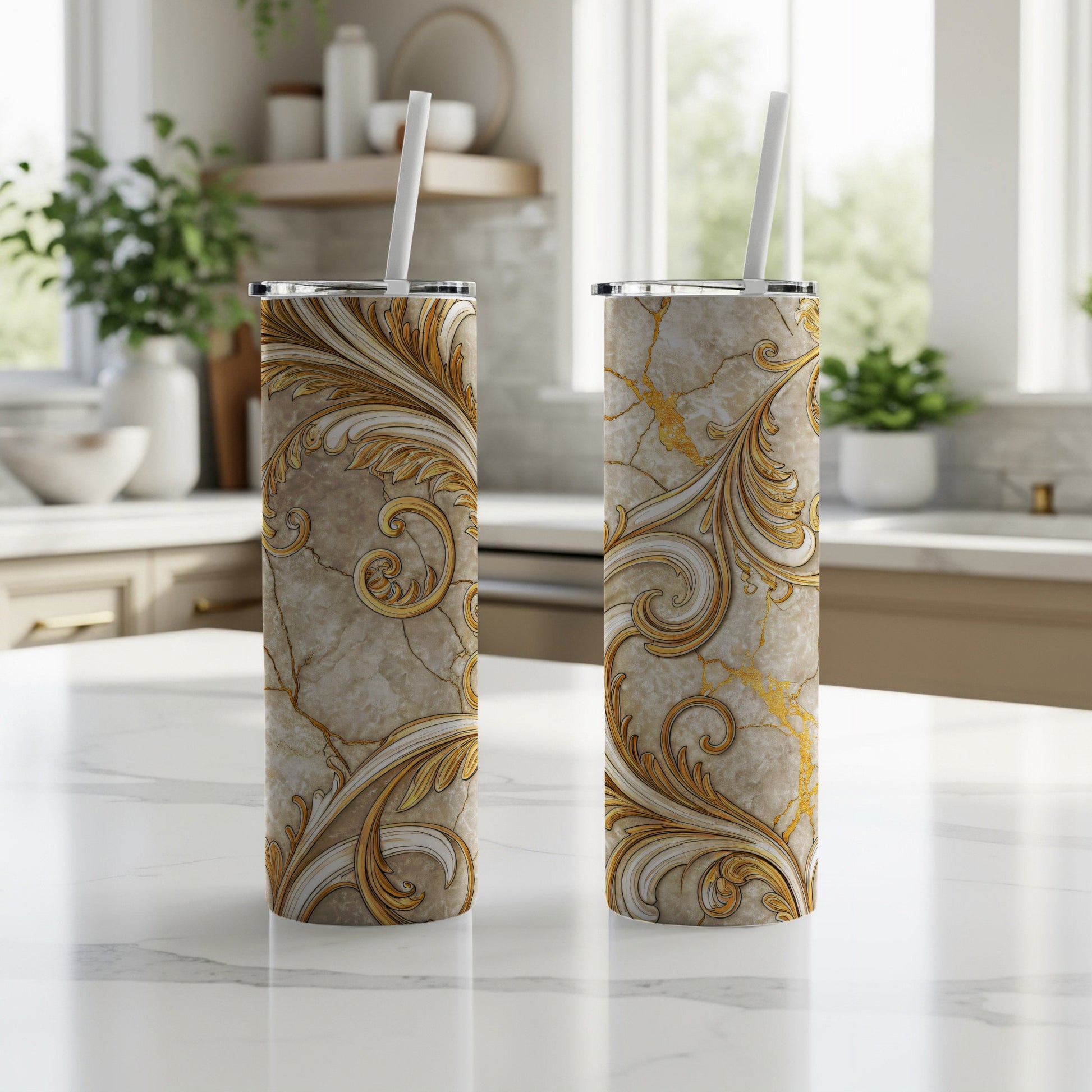 Elegant Gold and Marble Swirl Tumbler with Straw