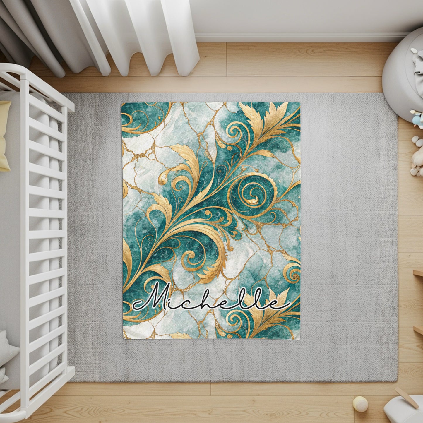 Golden Floral on Blue Custom Name Style Blanket - Walk Greener