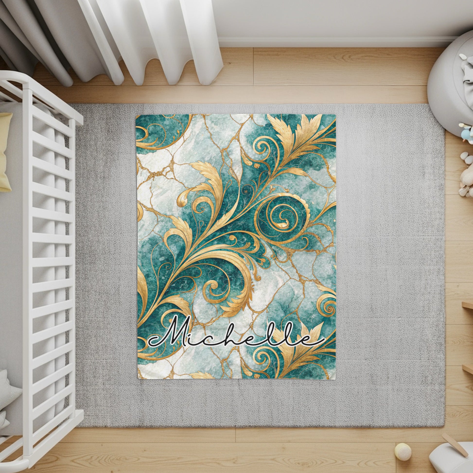 Golden Floral on Blue Custom Name Style Blanket - Walk Greener