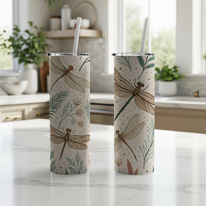 Dragonfly Pattern Insulated Tumbler with Straw Cup