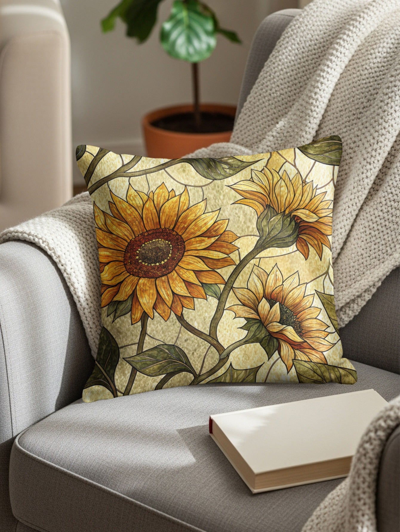 Sunflower Stained Glass Style Pattern Golden Background Throw Pillows - Walk Greener
