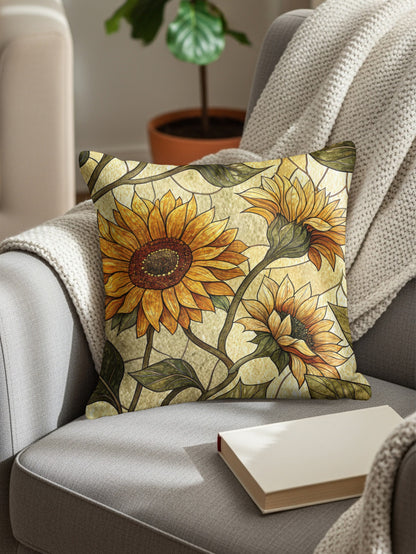Sunflower Stained Glass Style Pattern Golden Background Throw Pillows - Walk Greener