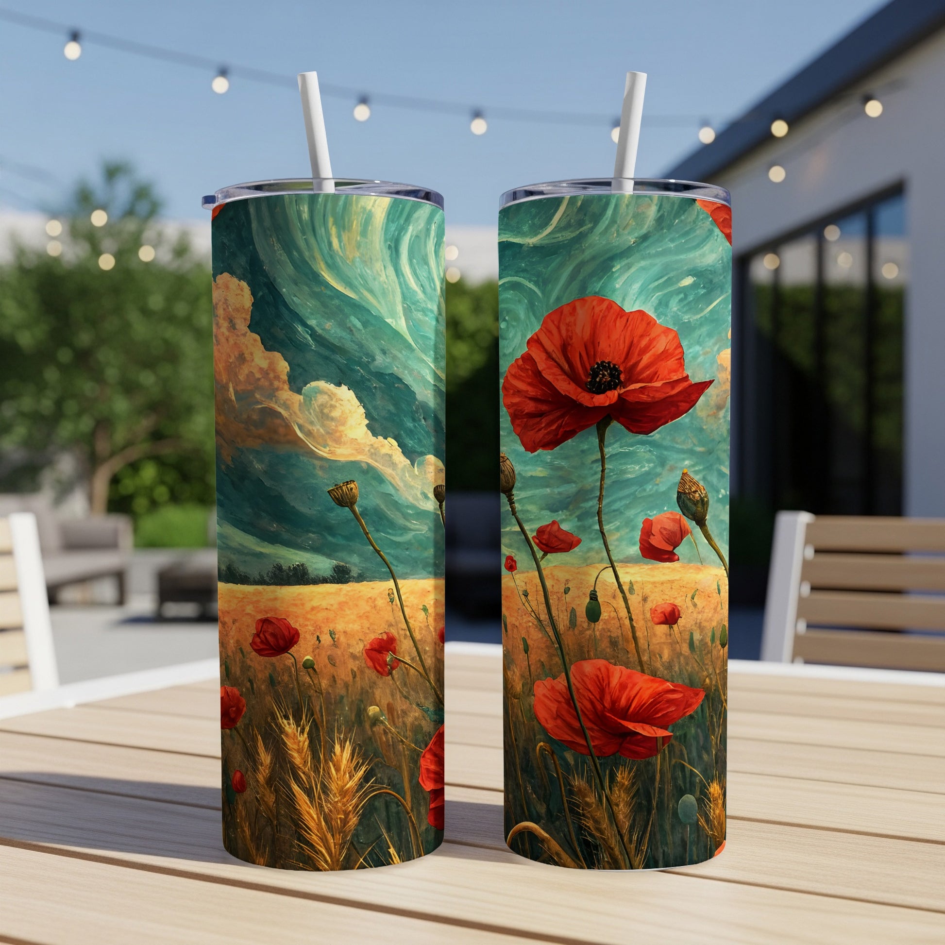 Vibrant Red Poppy Field Tumbler with Straw