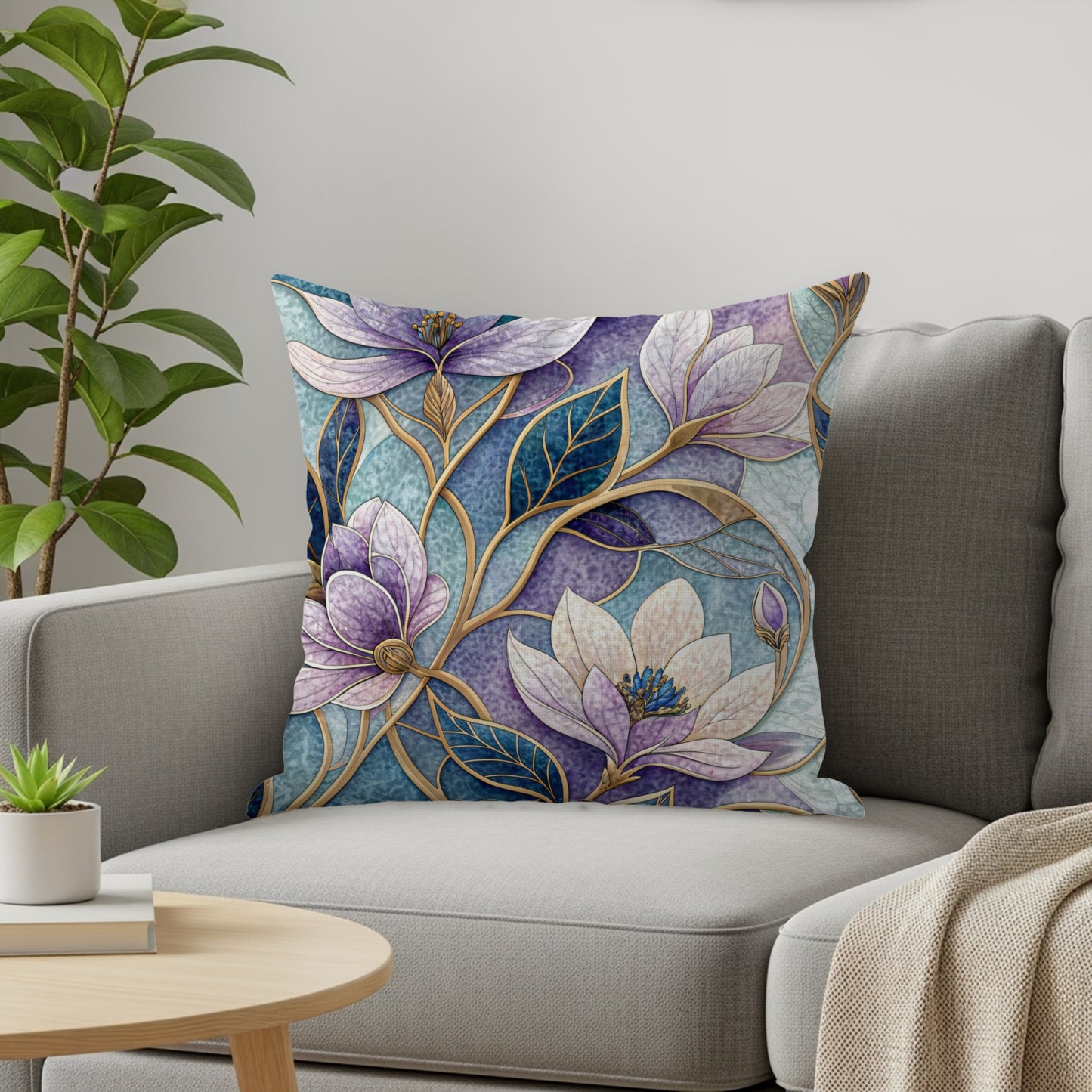 Floral Design Purple Blue and Gold Botanical Pattern Throw Pillows - Walk Greener