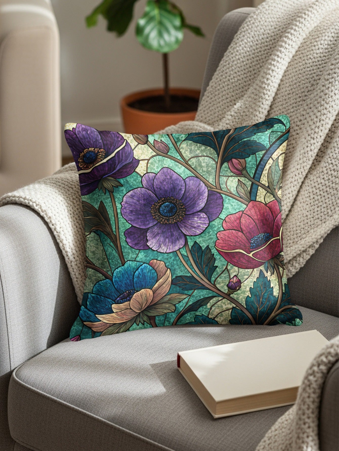 Floral Stained Glass Pattern Colorful Flower Throw Pillows - Walk Greener