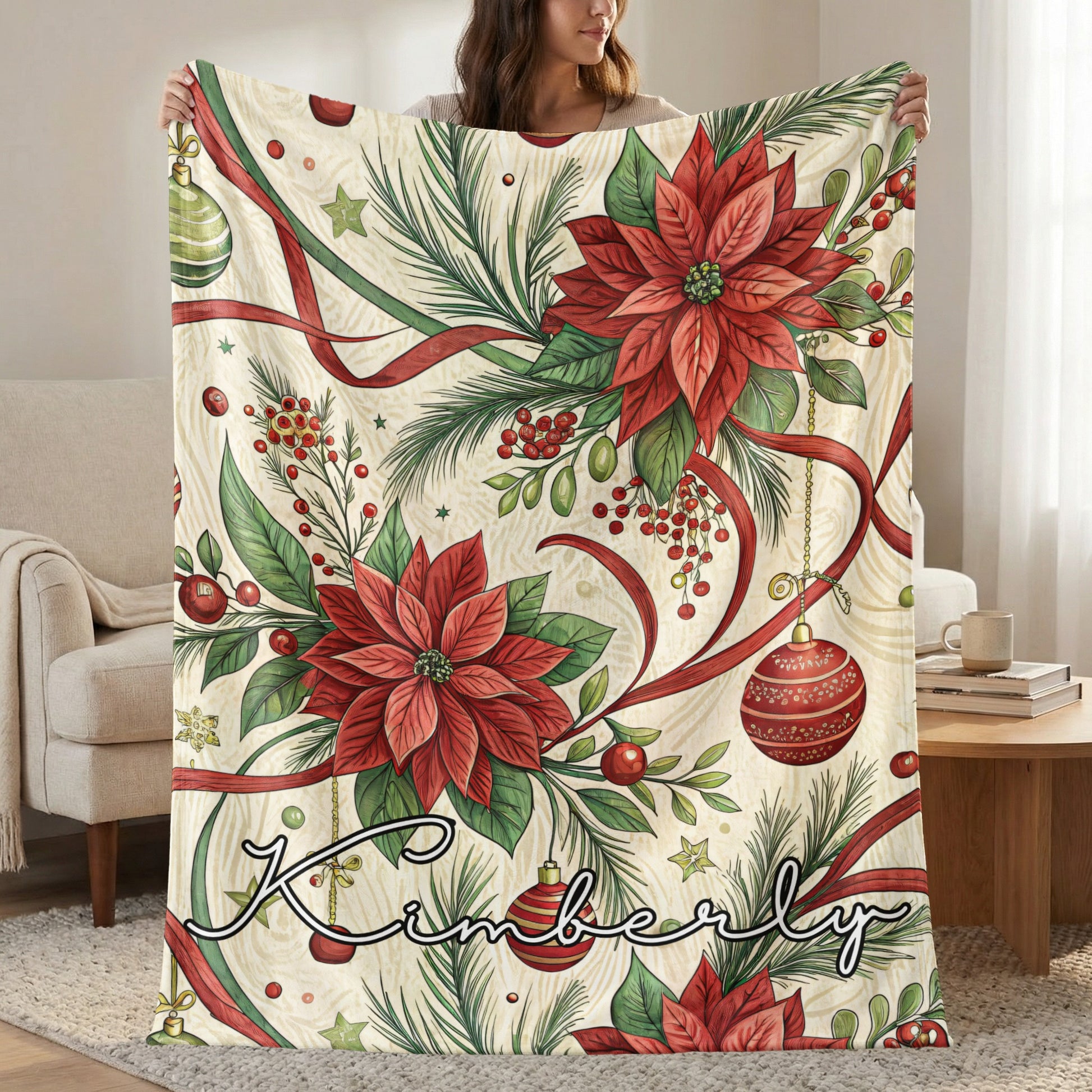 Personalized Red Poinsettia Christmas Blanket with Name