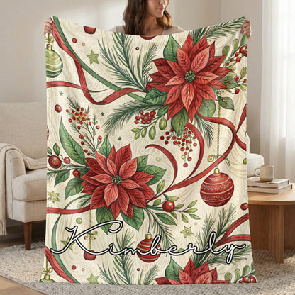 Personalized Red Poinsettia Christmas Blanket with Name