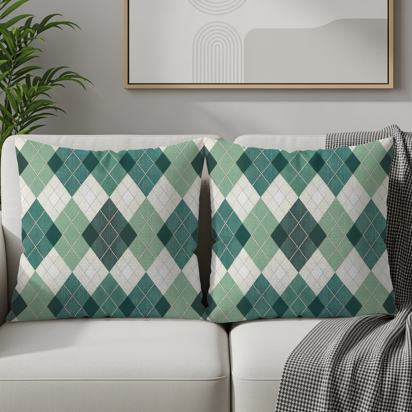 Green and White Argyle Pattern Decorative Pillow Set