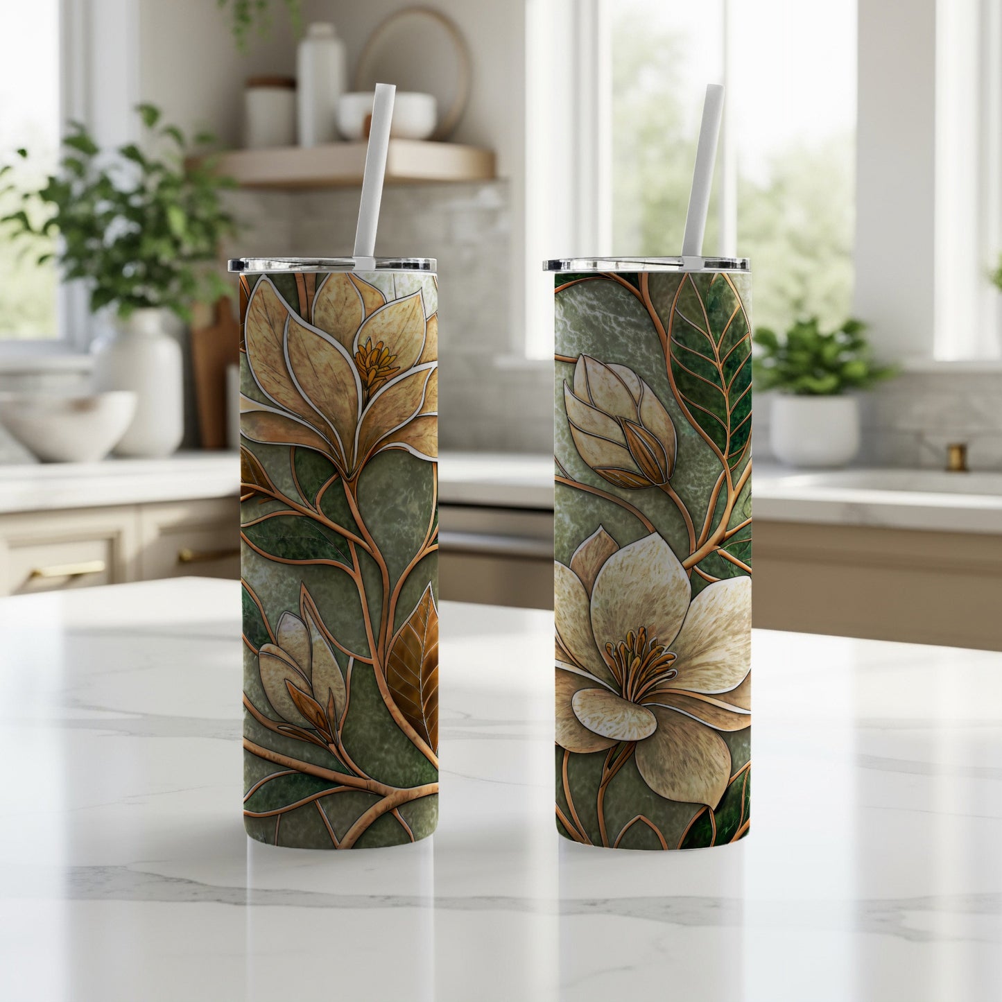 Stained Glass Floral Pattern Elegant Design 20 oz Skinny Tumbler - Walk Greener