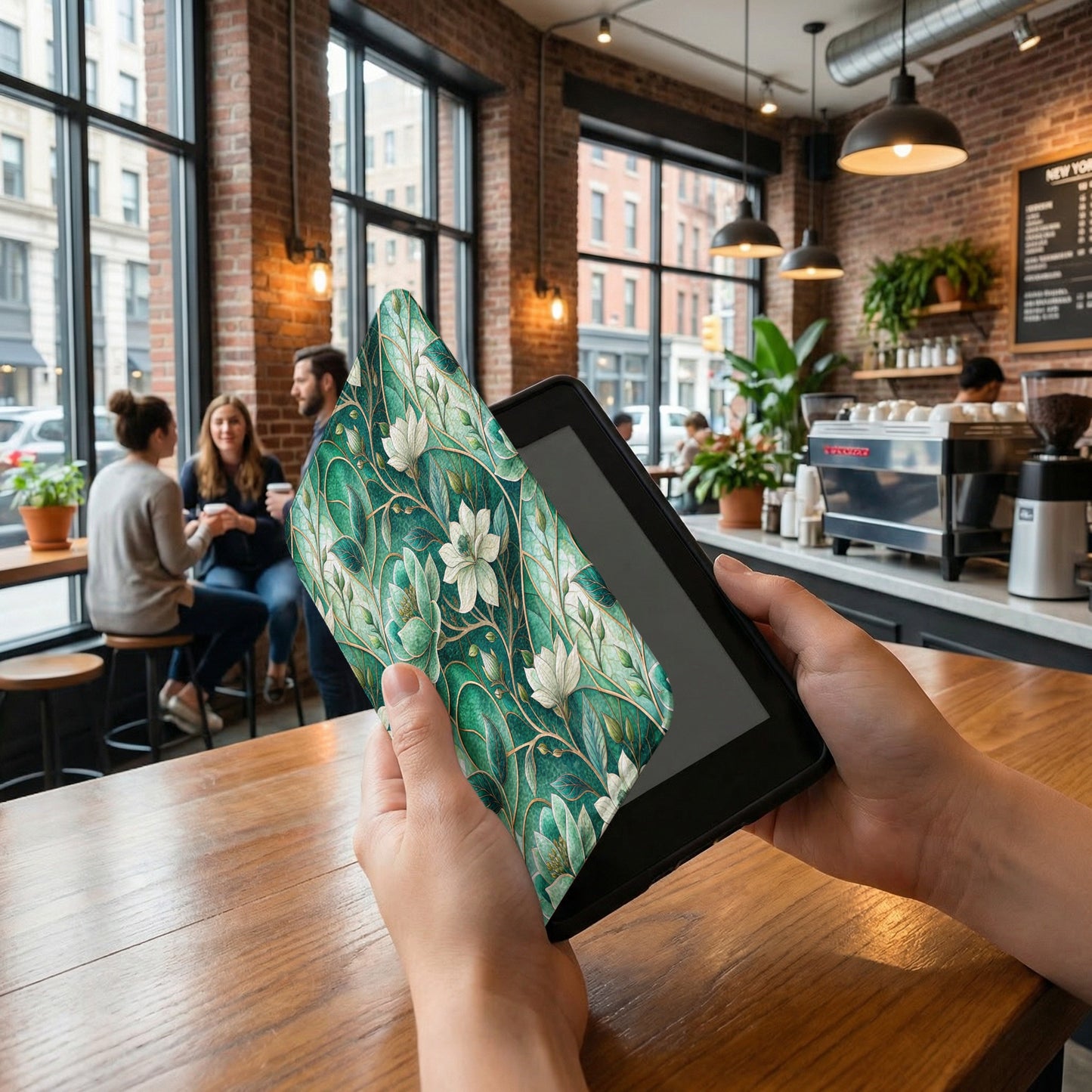 Green Floral Tablet Cover with Leafy Design