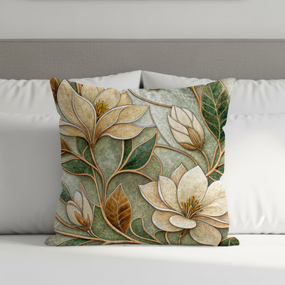 Ivory Petals Green Leaves Artistic Floral Design Throw Pillows - Walk Greener